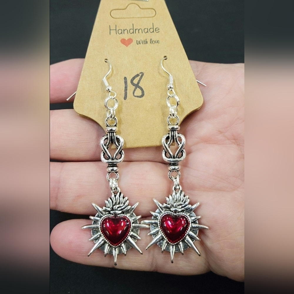 Sacred Heart Red Earrings Hypoallergenic Handmade Wiccan Pagan Witch Gothic Goth